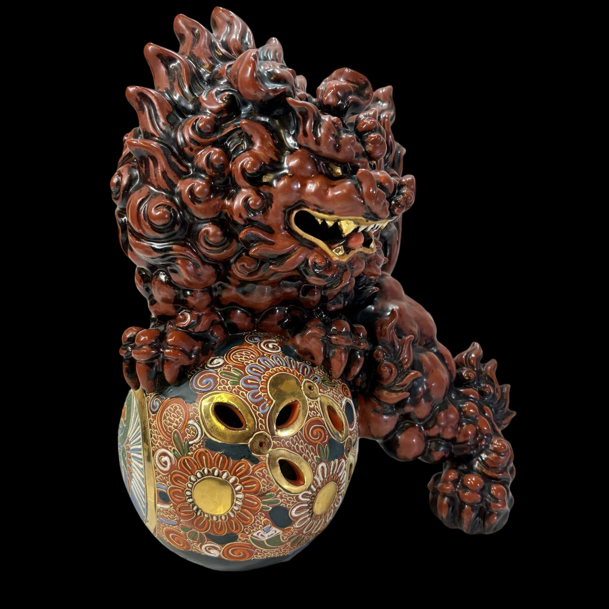 Large Kutani Ware Koma Inu Shishi Lion Guardian with Polychrome Brocade Ball — Showa Period Interior Sculpture