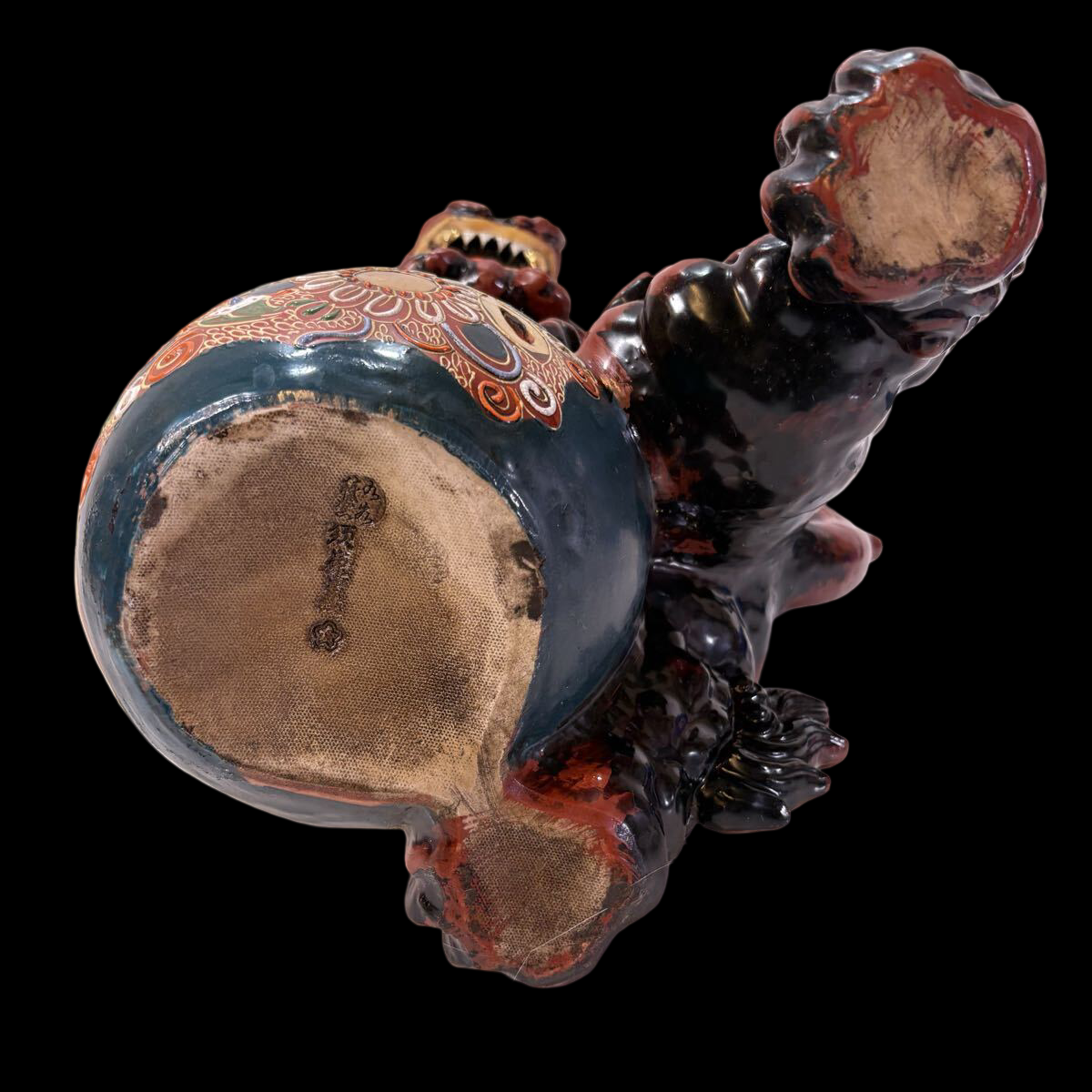 Large Kutani Ware Koma Inu Shishi Lion Guardian with Polychrome Brocade Ball — Showa Period Interior Sculpture