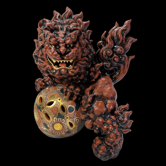 Large Kutani Ware Koma Inu Shishi Lion Guardian with Polychrome Brocade Ball — Showa Period Interior Sculpture