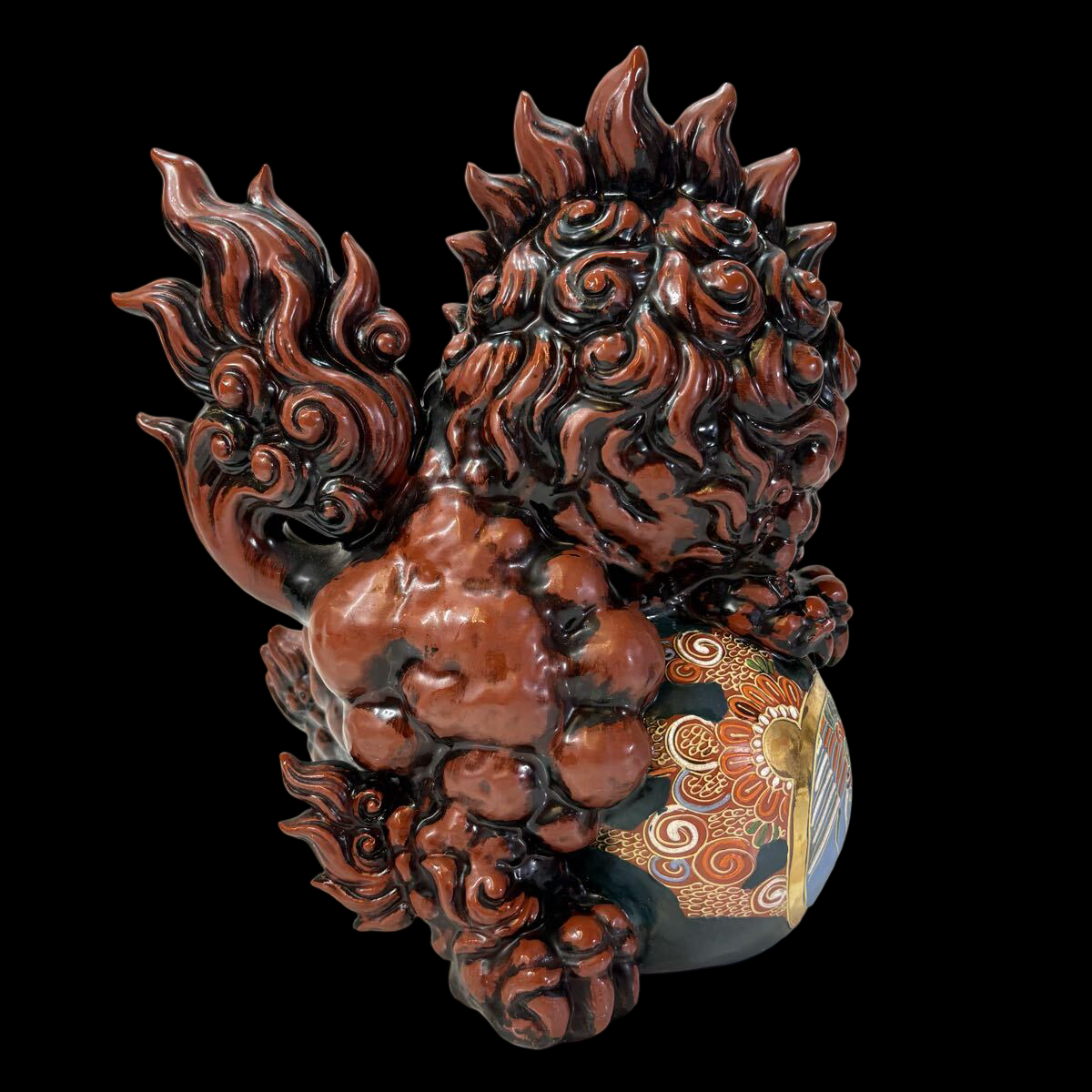 Large Kutani Ware Koma Inu Shishi Lion Guardian with Polychrome Brocade Ball — Showa Period Interior Sculpture