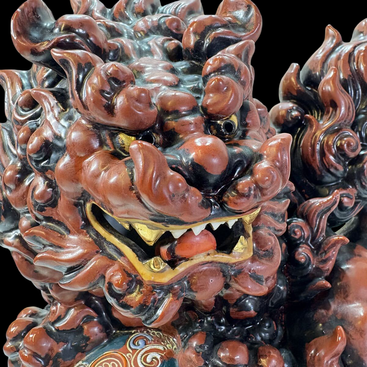 Large Kutani Ware Koma Inu Shishi Lion Guardian with Polychrome Brocade Ball — Showa Period Interior Sculpture