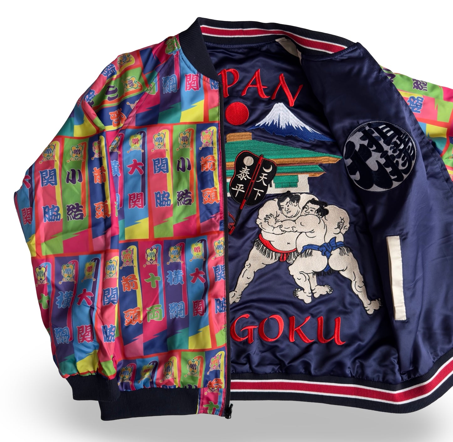 Dope Reversible Ryogoku Sumo Sukajan Jacket – Mt. Fuji Embroidery, Neon Banner Side, Premium Japanese Souvenir Art