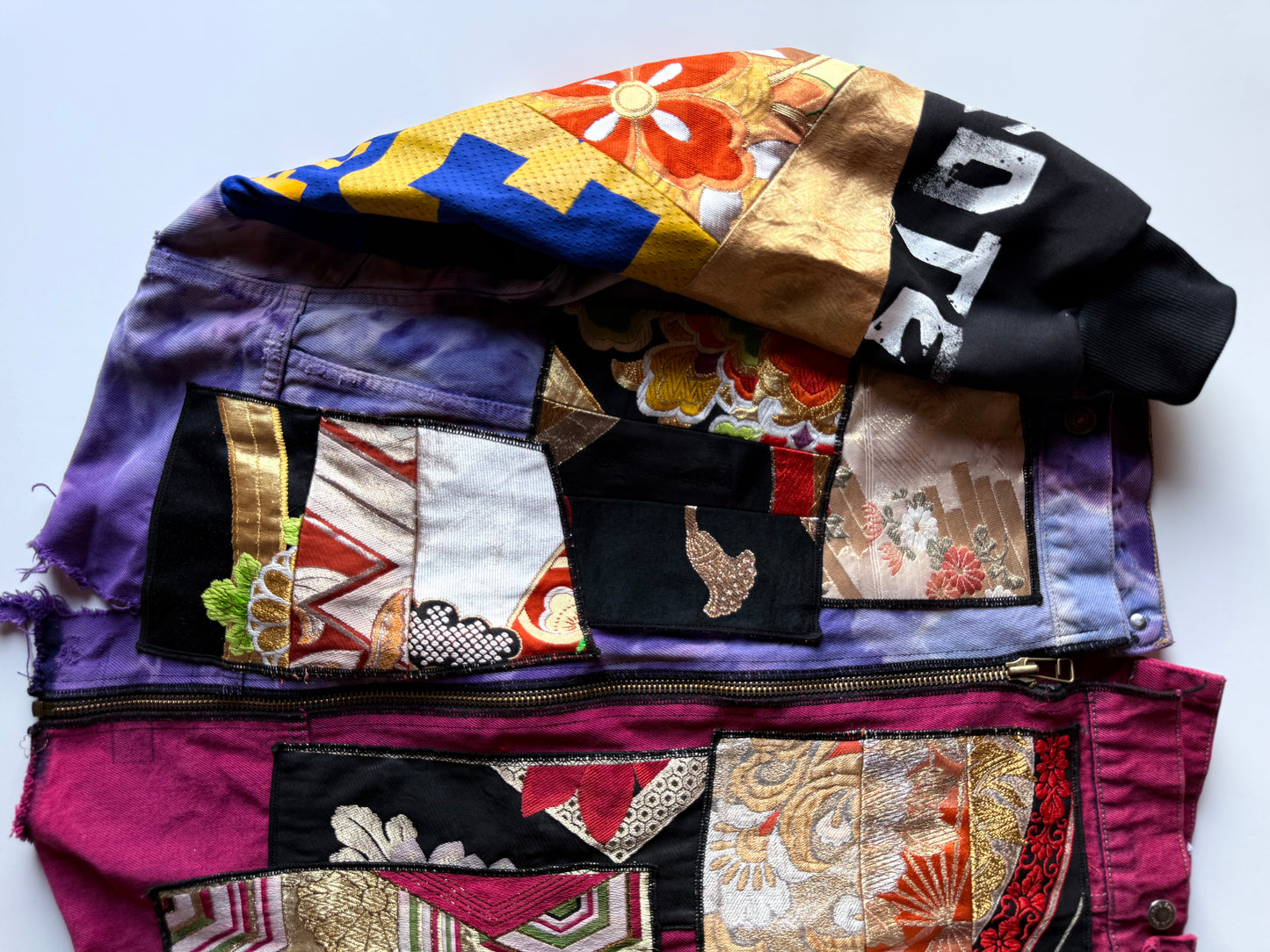 COTÉ MER Kimono Obi Patchwork Denim Remake Upcycled Jacket L XL Japanese One of One Harajuku Streetwear Wearable Art