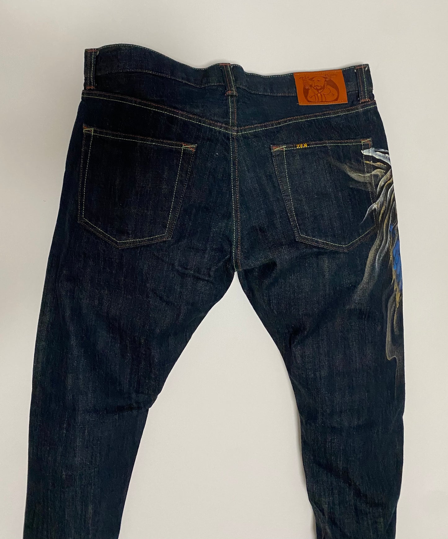 Vintage ZEN Premium Japanese Oni Shishi Hand Painted Art Denim Jeans | Made in Japan | Buddhist Guardian Yokai Streetwear