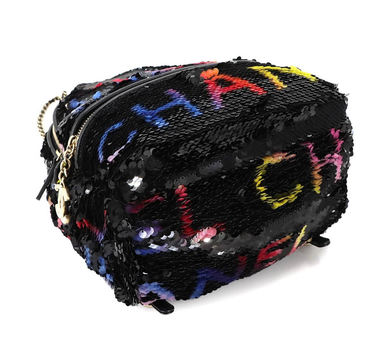 CHANEL Sequin Chain Backpack Black Multicolor Graffiti Logo Lambskin Gold Hardware C3— Exhibition Unused