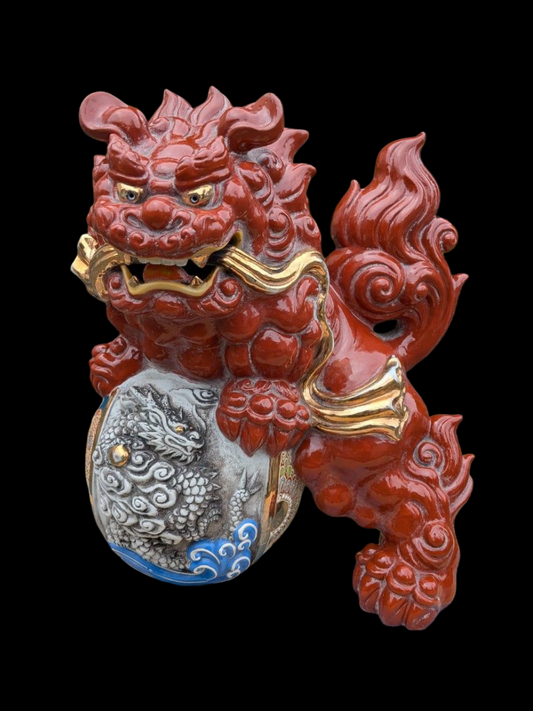Kutani Ware Shishi Koma Inu Lion Guardian — Outdoor Garden Display with Brocade Jewel | Polychrome Japanese Ceramic (Approx. 36 cm)