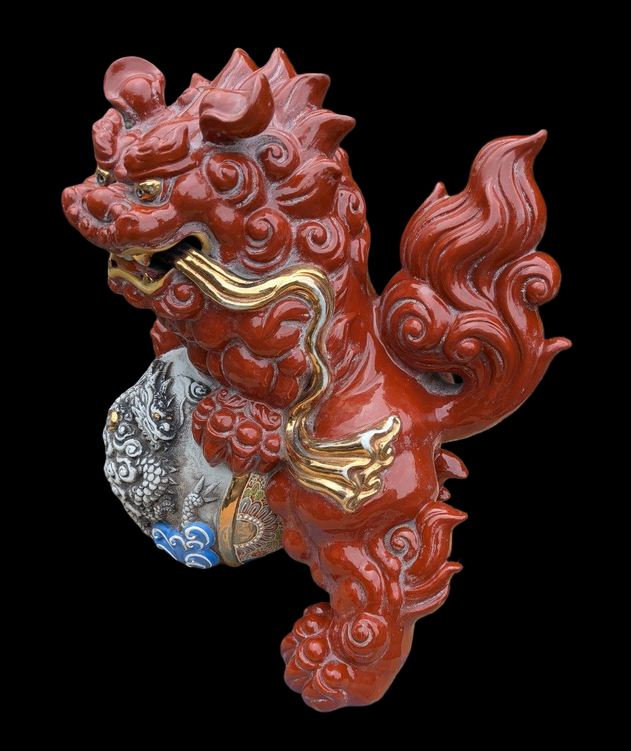 Kutani Ware Shishi Koma Inu Lion Guardian — Outdoor Garden Display with Brocade Jewel | Polychrome Japanese Ceramic (Approx. 36 cm)