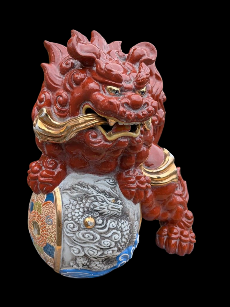 Kutani Ware Shishi Koma Inu Lion Guardian — Outdoor Garden Display with Brocade Jewel | Polychrome Japanese Ceramic (Approx. 36 cm)