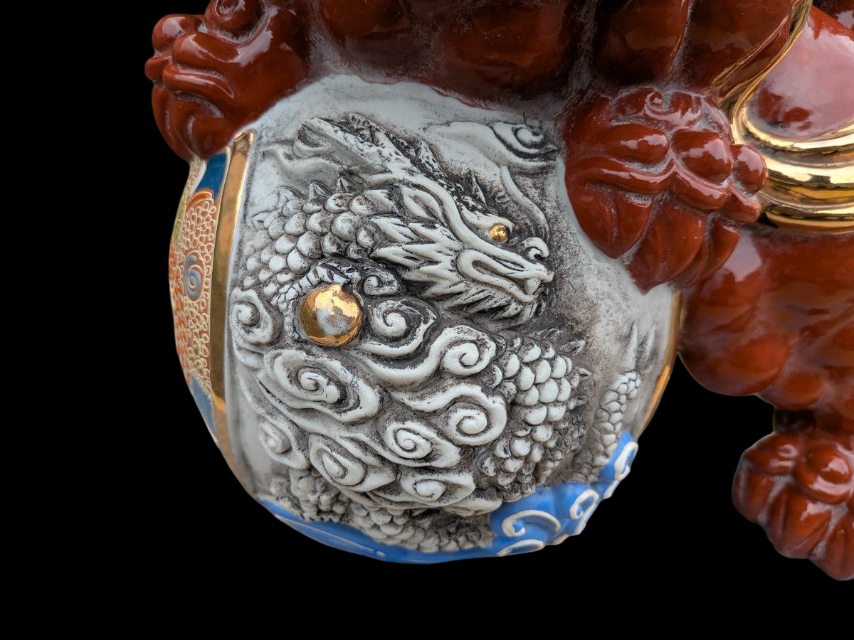 Kutani Ware Shishi Koma Inu Lion Guardian — Outdoor Garden Display with Brocade Jewel | Polychrome Japanese Ceramic (Approx. 36 cm)