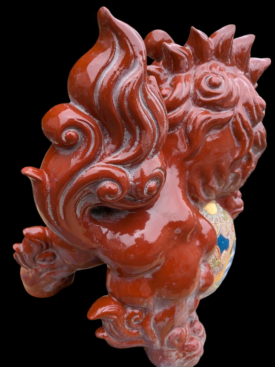 Kutani Ware Shishi Koma Inu Lion Guardian — Outdoor Garden Display with Brocade Jewel | Polychrome Japanese Ceramic (Approx. 36 cm)