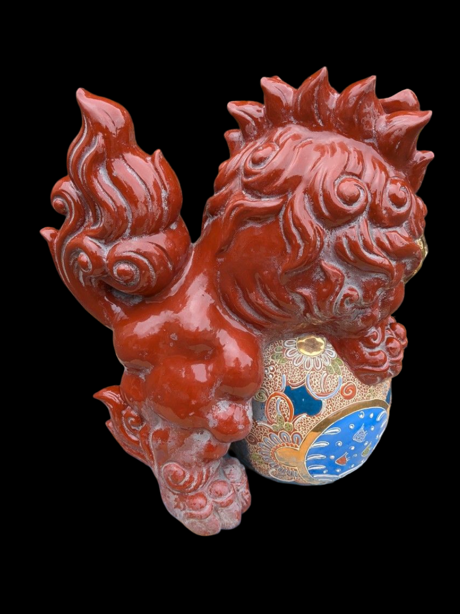 Kutani Ware Shishi Koma Inu Lion Guardian — Outdoor Garden Display with Brocade Jewel | Polychrome Japanese Ceramic (Approx. 36 cm)