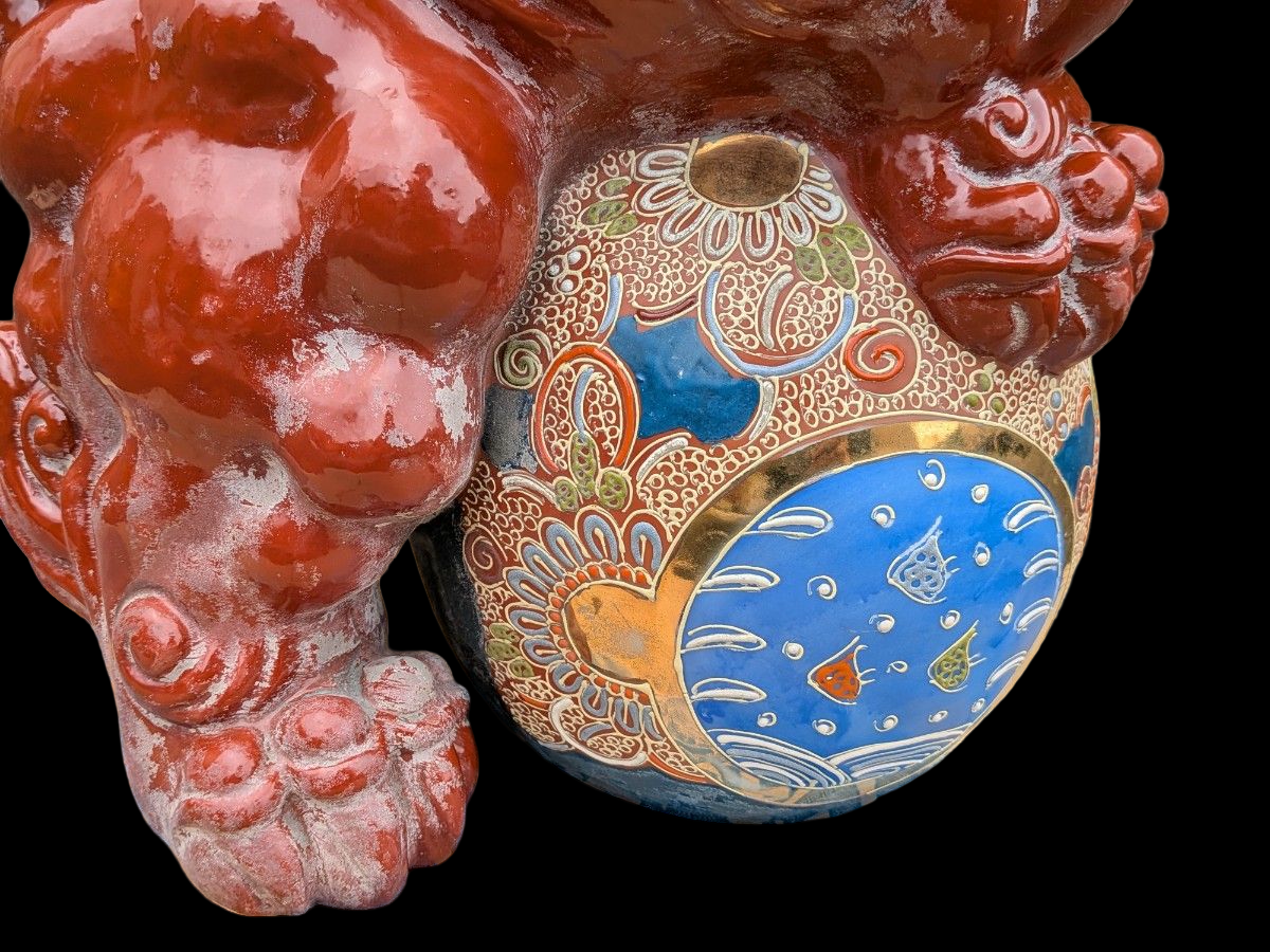 Kutani Ware Shishi Koma Inu Lion Guardian — Outdoor Garden Display with Brocade Jewel | Polychrome Japanese Ceramic (Approx. 36 cm)