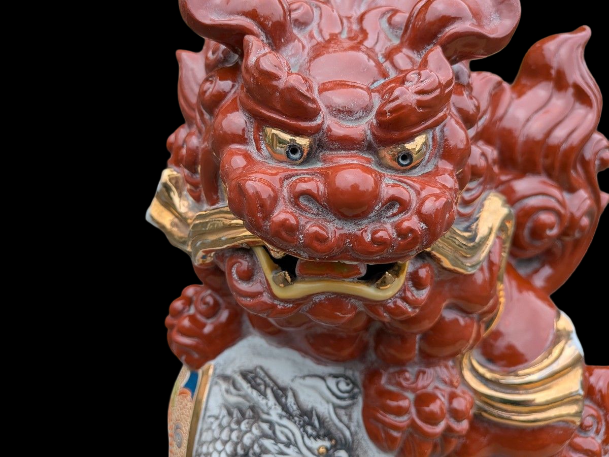 Kutani Ware Shishi Koma Inu Lion Guardian — Outdoor Garden Display with Brocade Jewel | Polychrome Japanese Ceramic (Approx. 36 cm)