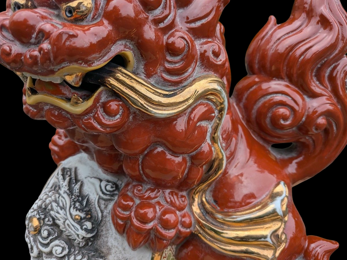 Kutani Ware Shishi Koma Inu Lion Guardian — Outdoor Garden Display with Brocade Jewel | Polychrome Japanese Ceramic (Approx. 36 cm)