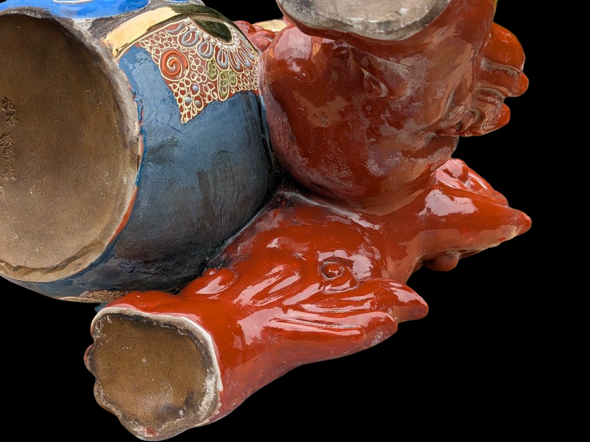 Kutani Ware Shishi Koma Inu Lion Guardian — Outdoor Garden Display with Brocade Jewel | Polychrome Japanese Ceramic (Approx. 36 cm)