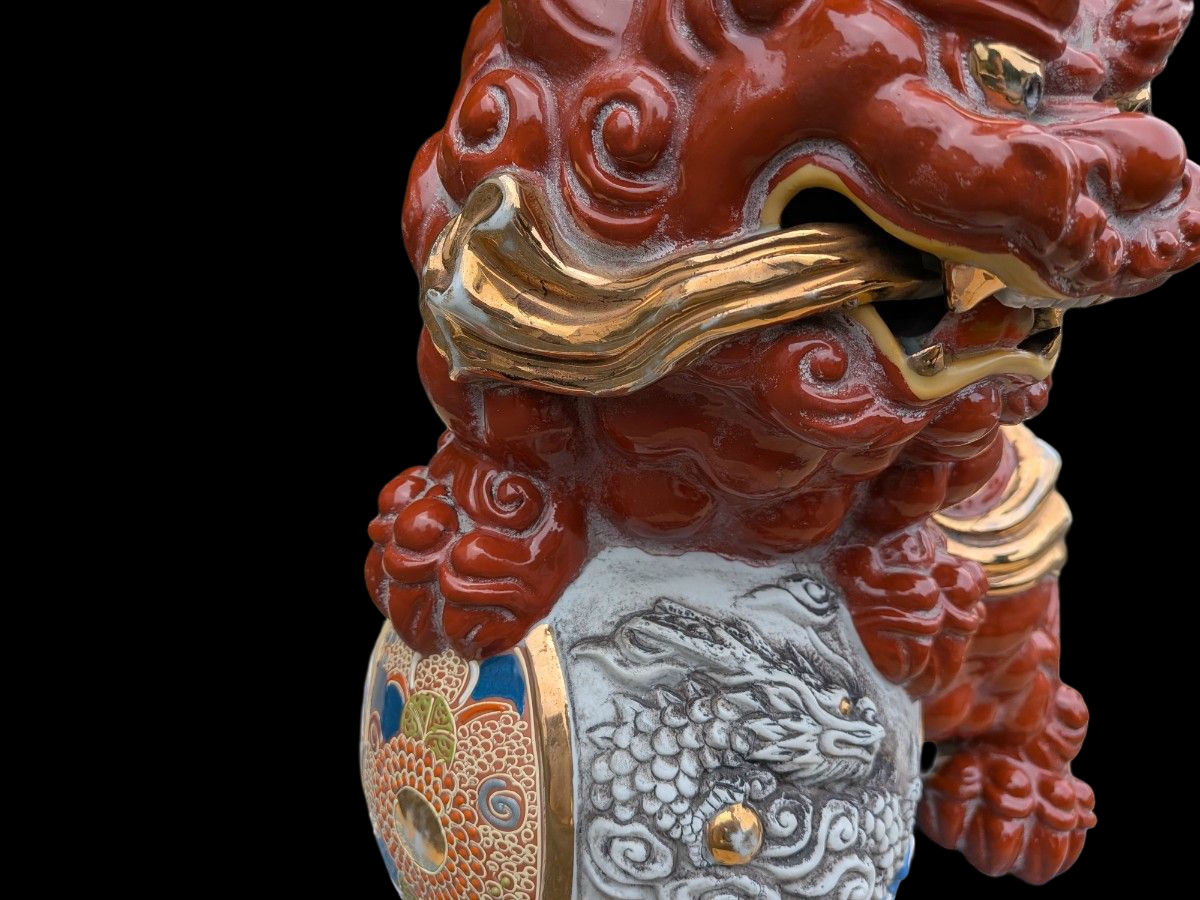 Kutani Ware Shishi Koma Inu Lion Guardian — Outdoor Garden Display with Brocade Jewel | Polychrome Japanese Ceramic (Approx. 36 cm)