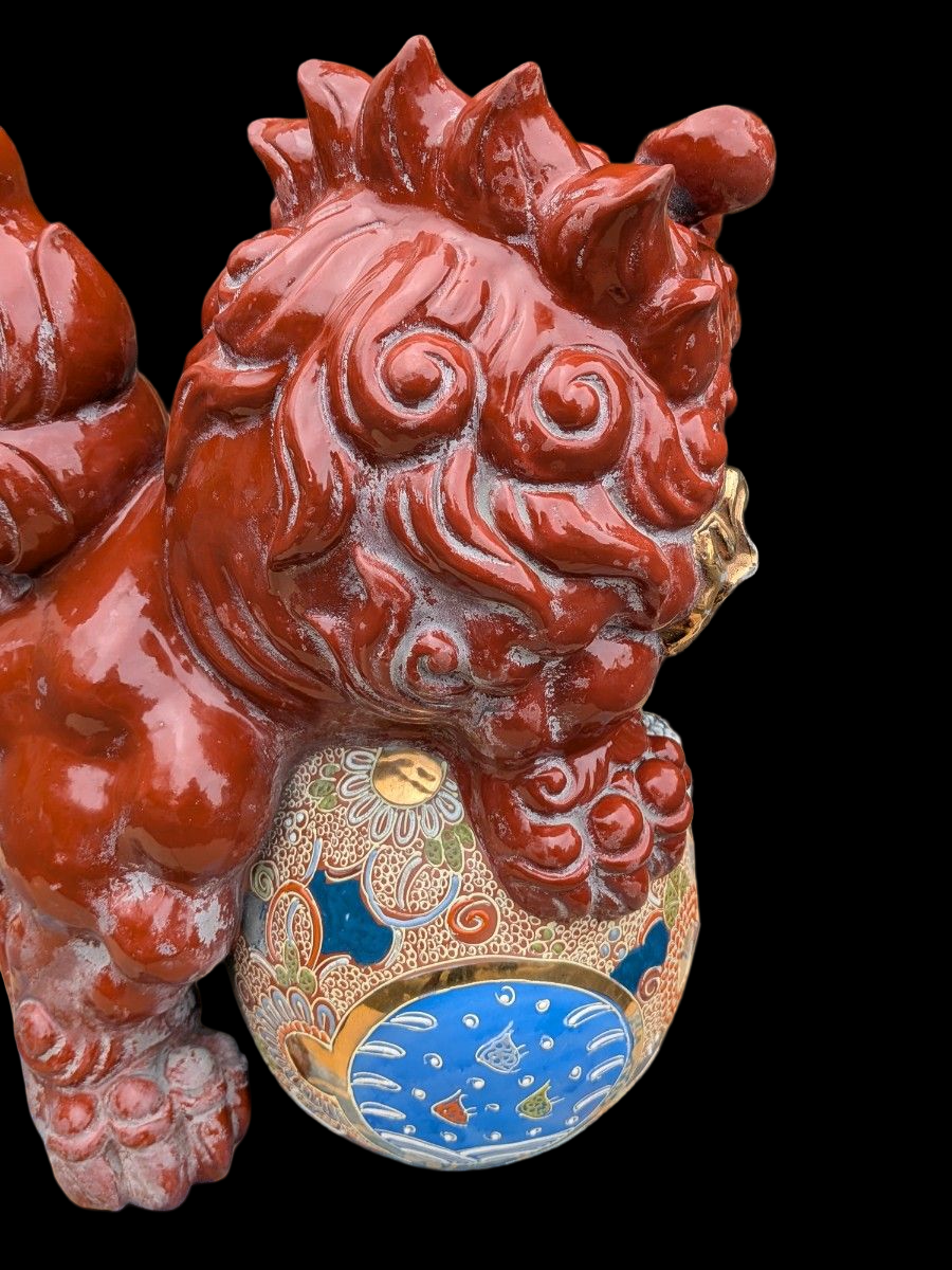 Kutani Ware Shishi Koma Inu Lion Guardian — Outdoor Garden Display with Brocade Jewel | Polychrome Japanese Ceramic (Approx. 36 cm)