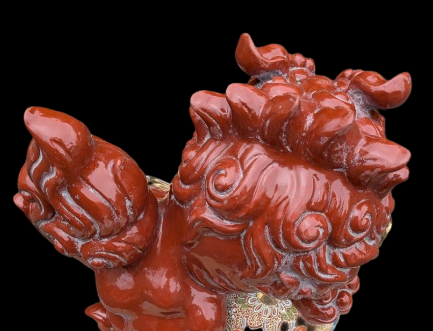 Kutani Ware Shishi Koma Inu Lion Guardian — Outdoor Garden Display with Brocade Jewel | Polychrome Japanese Ceramic (Approx. 36 cm)