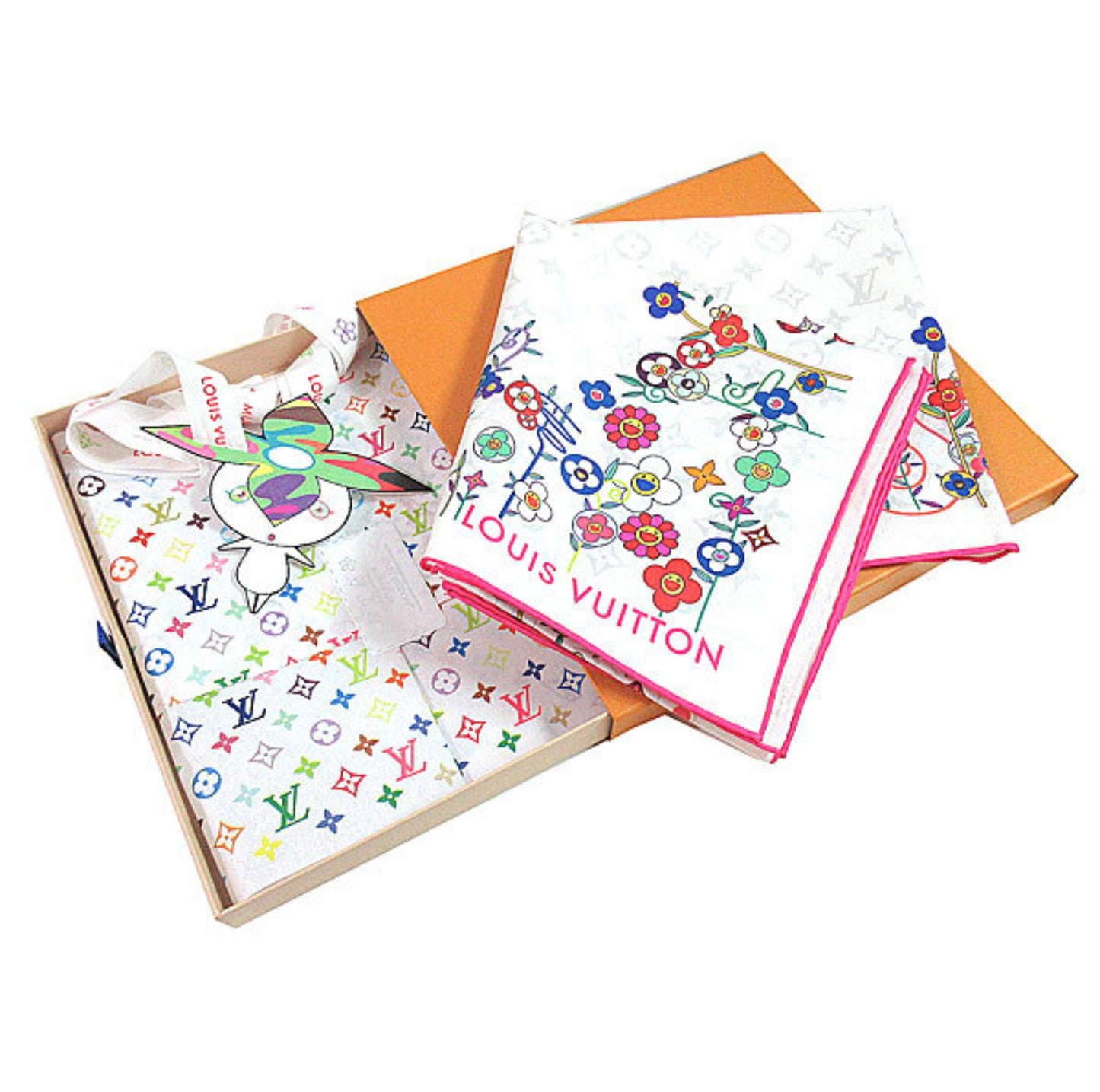 Louis Vuitton × Takashi Murakami Carré 90 Silk Scarf M96263 Superflat Framboise Multicolor Flower LV Monogram Art Collectible