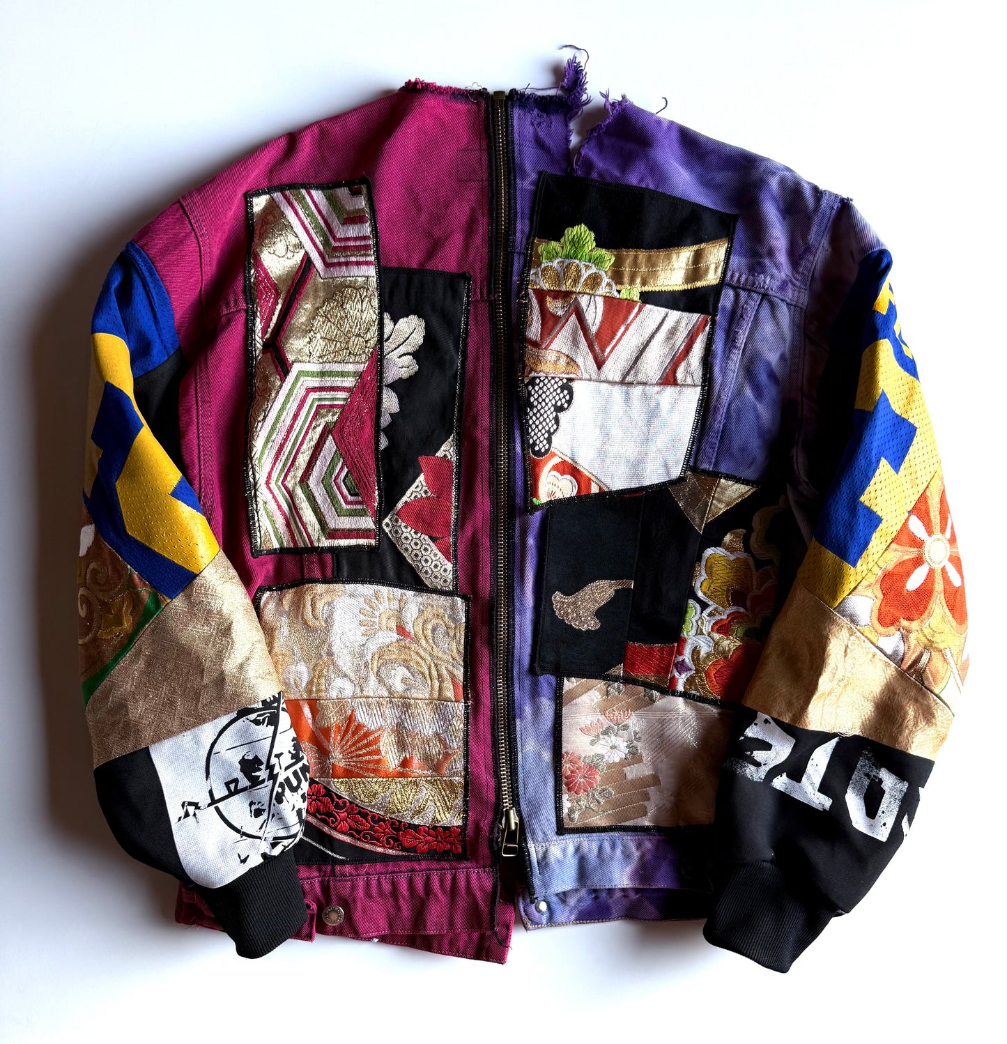 COTÉ MER Kimono Obi Patchwork Denim Remake Upcycled Jacket L XL Japanese One of One Harajuku Streetwear Wearable Art