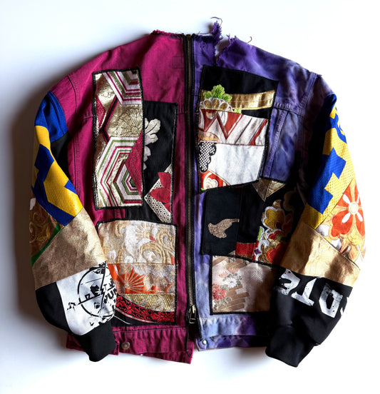 COTÉ MER Kimono Obi Patchwork Denim Remake Upcycled Jacket L XL Japanese One of One Harajuku Streetwear Wearable Art