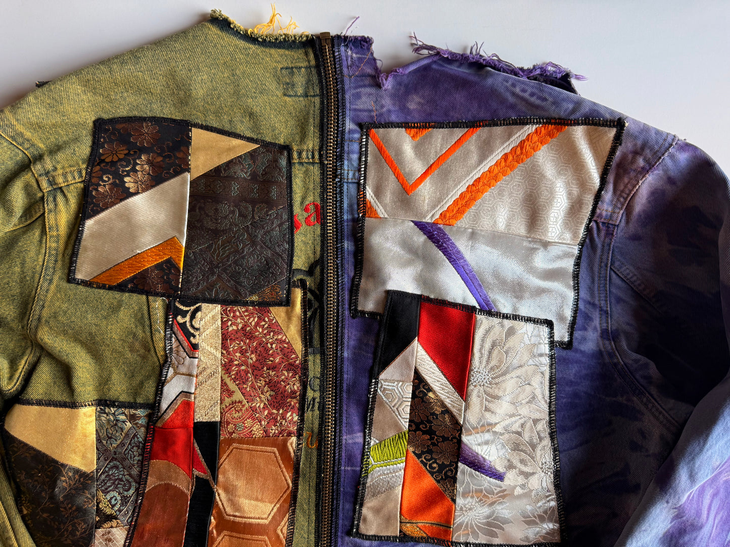 COTÉ MER Kimono Obi Patchwork Denim Remake Jacket L XL Japanese One of One Harajuku Streetwear Wearable Art