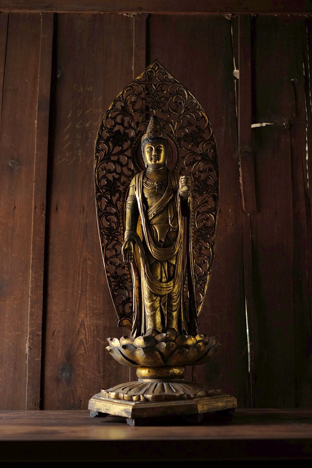 Vintage Japanese Giltwood Kannon Bosatsu Statue | Carved Lotus Pedestal, Openwork Mandorla, Buddhist Altar Sculpture