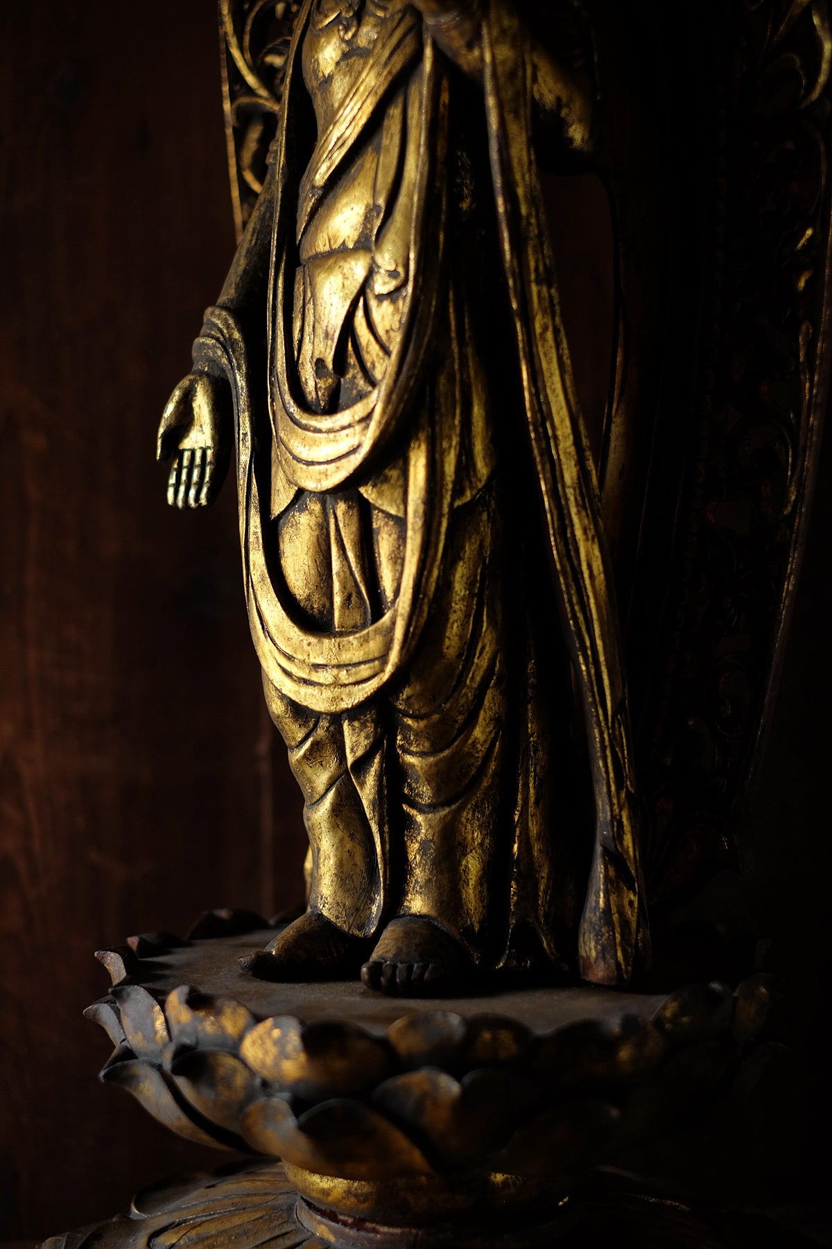 Vintage Japanese Giltwood Kannon Bosatsu Statue | Carved Lotus Pedestal, Openwork Mandorla, Buddhist Altar Sculpture