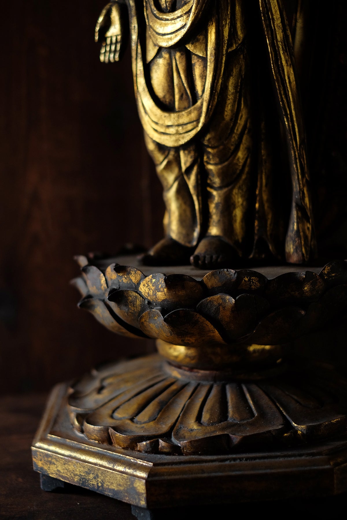 Vintage Japanese Giltwood Kannon Bosatsu Statue | Carved Lotus Pedestal, Openwork Mandorla, Buddhist Altar Sculpture