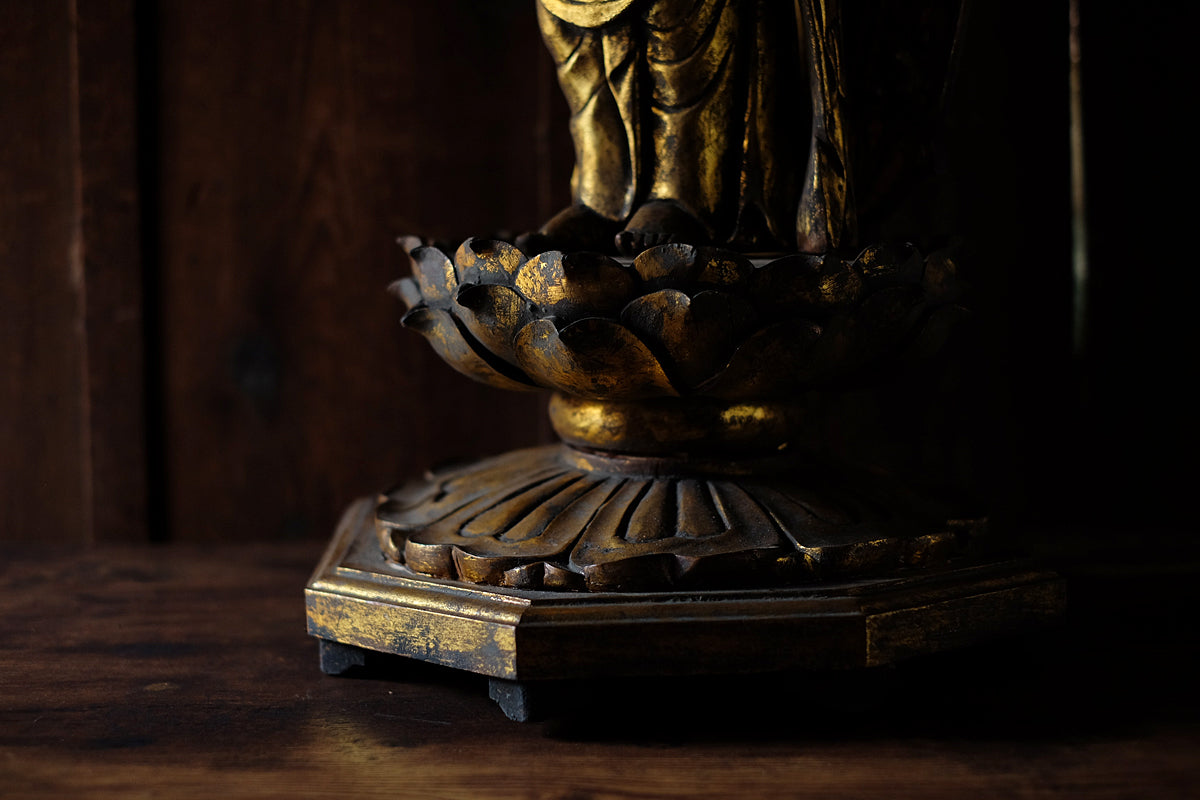 Vintage Japanese Giltwood Kannon Bosatsu Statue | Carved Lotus Pedestal, Openwork Mandorla, Buddhist Altar Sculpture