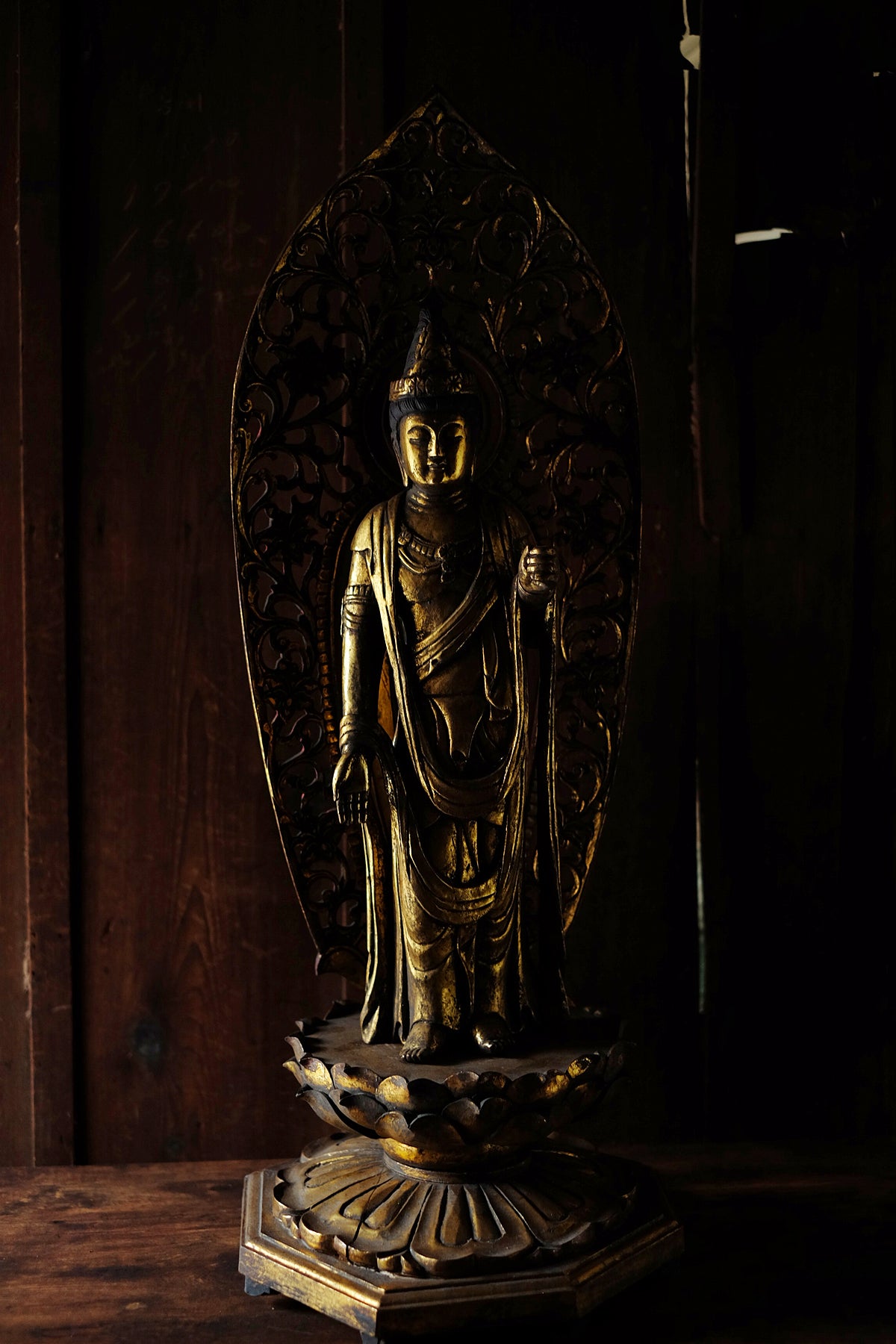 Vintage Japanese Giltwood Kannon Bosatsu Statue | Carved Lotus Pedestal, Openwork Mandorla, Buddhist Altar Sculpture