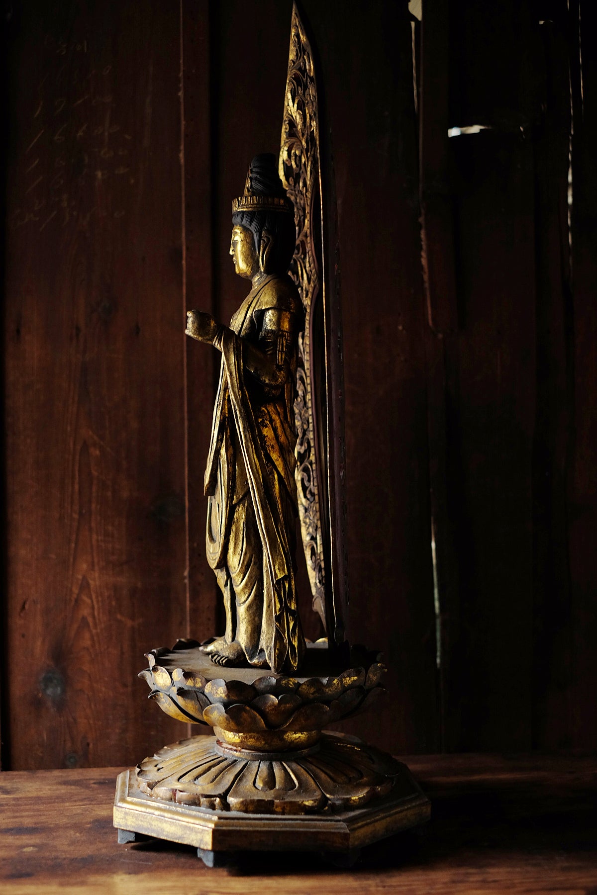 Vintage Japanese Giltwood Kannon Bosatsu Statue | Carved Lotus Pedestal, Openwork Mandorla, Buddhist Altar Sculpture