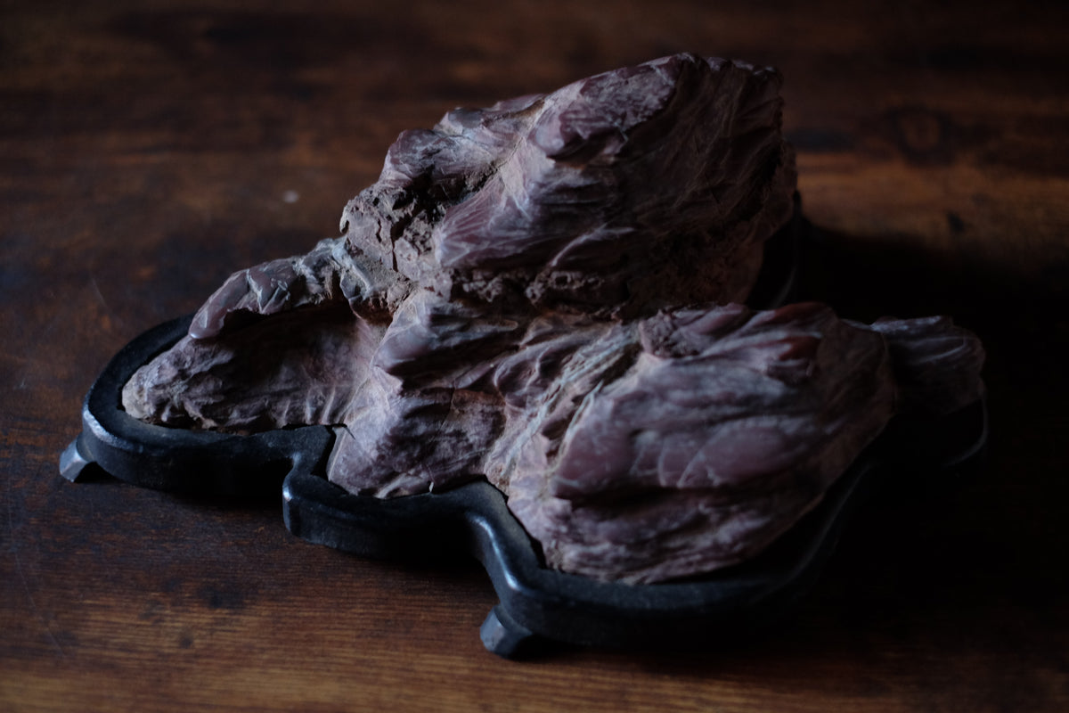 Vintage Japanese Suiseki Pair | Deep Plum Mountain Viewing Stones on Black Daiza | Bonsai Scholar Rock Tokonoma Art