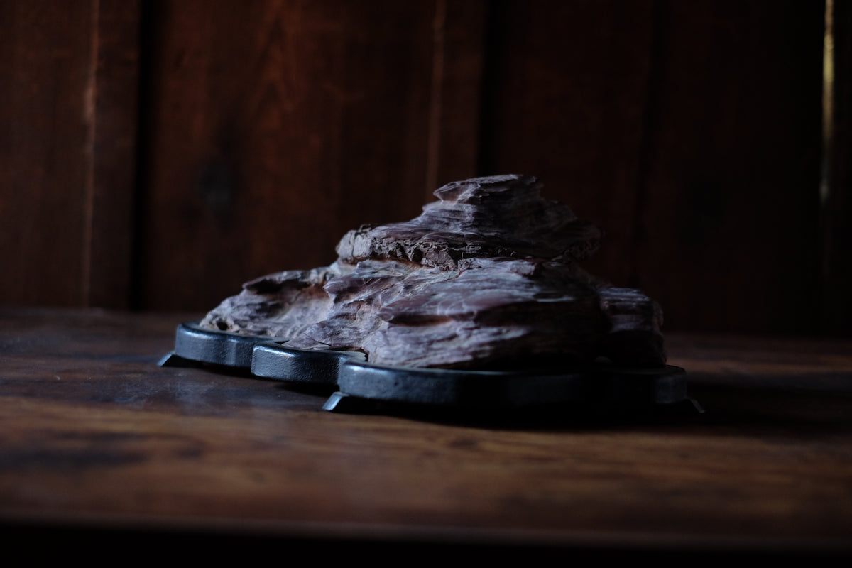 Vintage Japanese Suiseki Pair | Deep Plum Mountain Viewing Stones on Black Daiza | Bonsai Scholar Rock Tokonoma Art