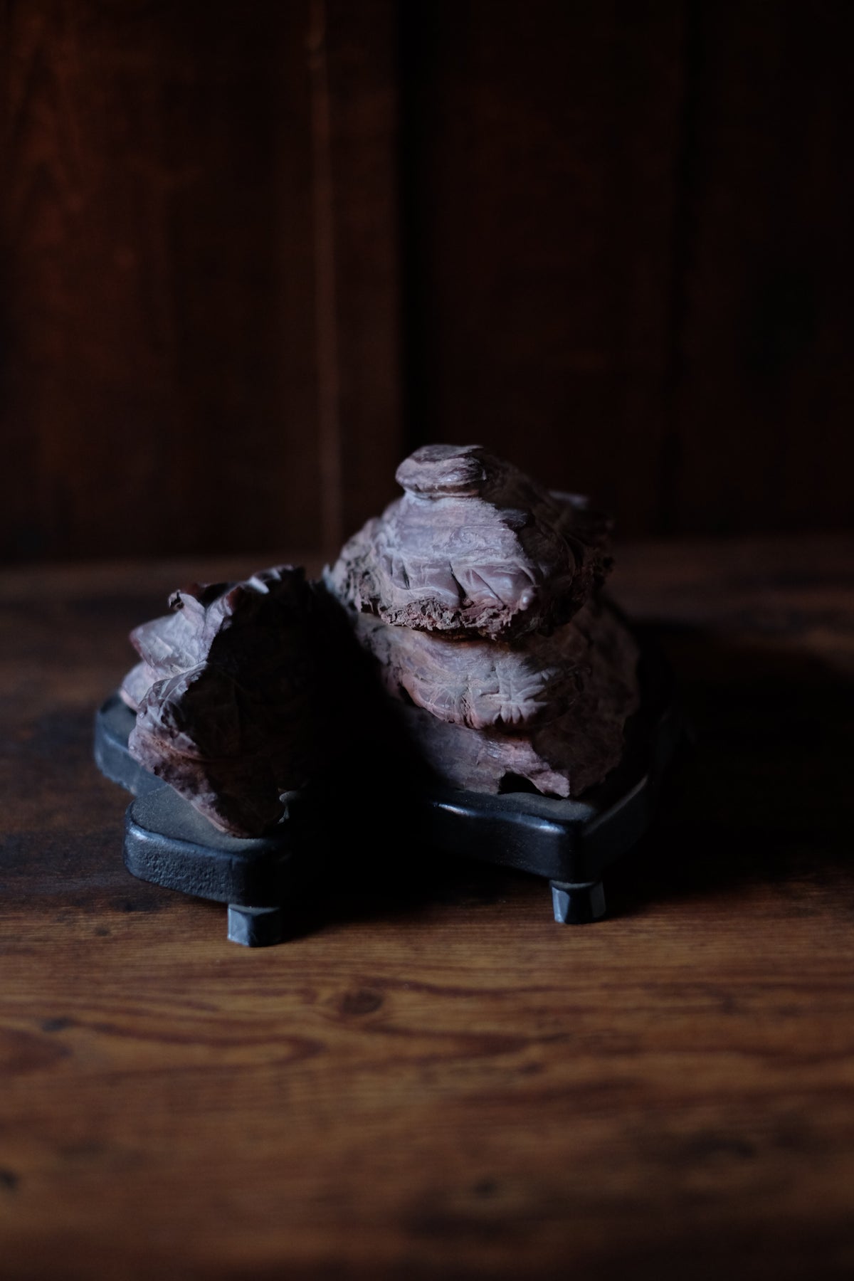 Vintage Japanese Suiseki Pair | Deep Plum Mountain Viewing Stones on Black Daiza | Bonsai Scholar Rock Tokonoma Art