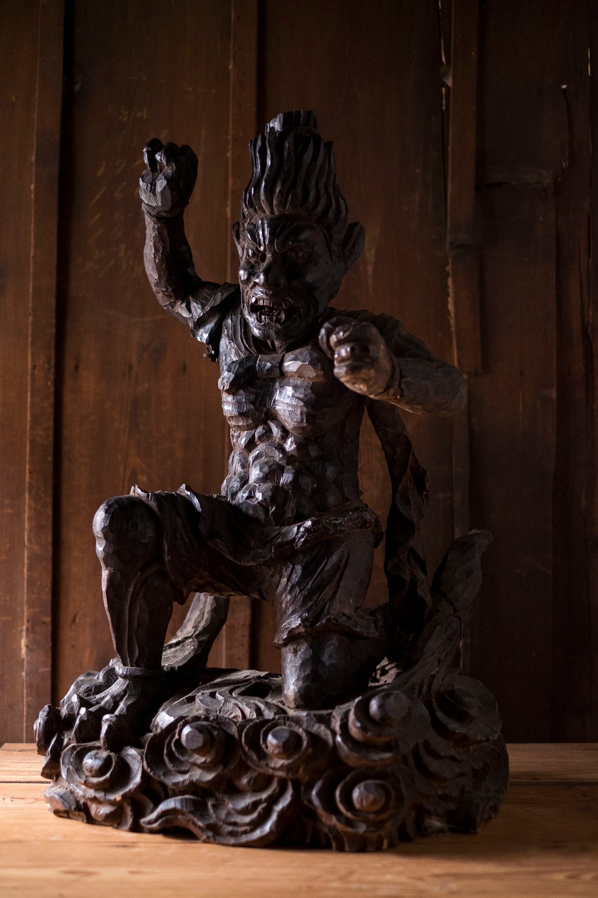 Large Massive Antique Japanese Wooden Fujin Raijin Buddha Statues | Wind & Thunder Gods | Large Hand-Carved Buddhist Temple Sculptures