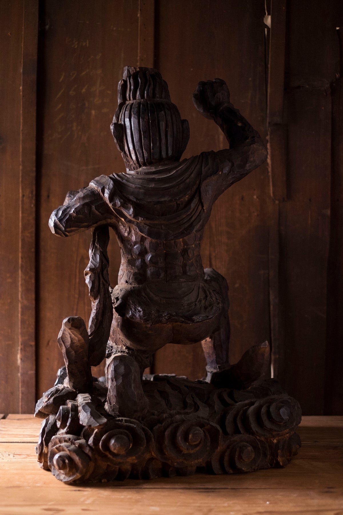 Large Massive Antique Japanese Wooden Fujin Raijin Buddha Statues | Wind & Thunder Gods | Large Hand-Carved Buddhist Temple Sculptures