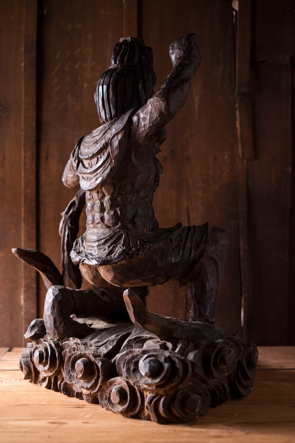 Large Massive Antique Japanese Wooden Fujin Raijin Buddha Statues | Wind & Thunder Gods | Large Hand-Carved Buddhist Temple Sculptures