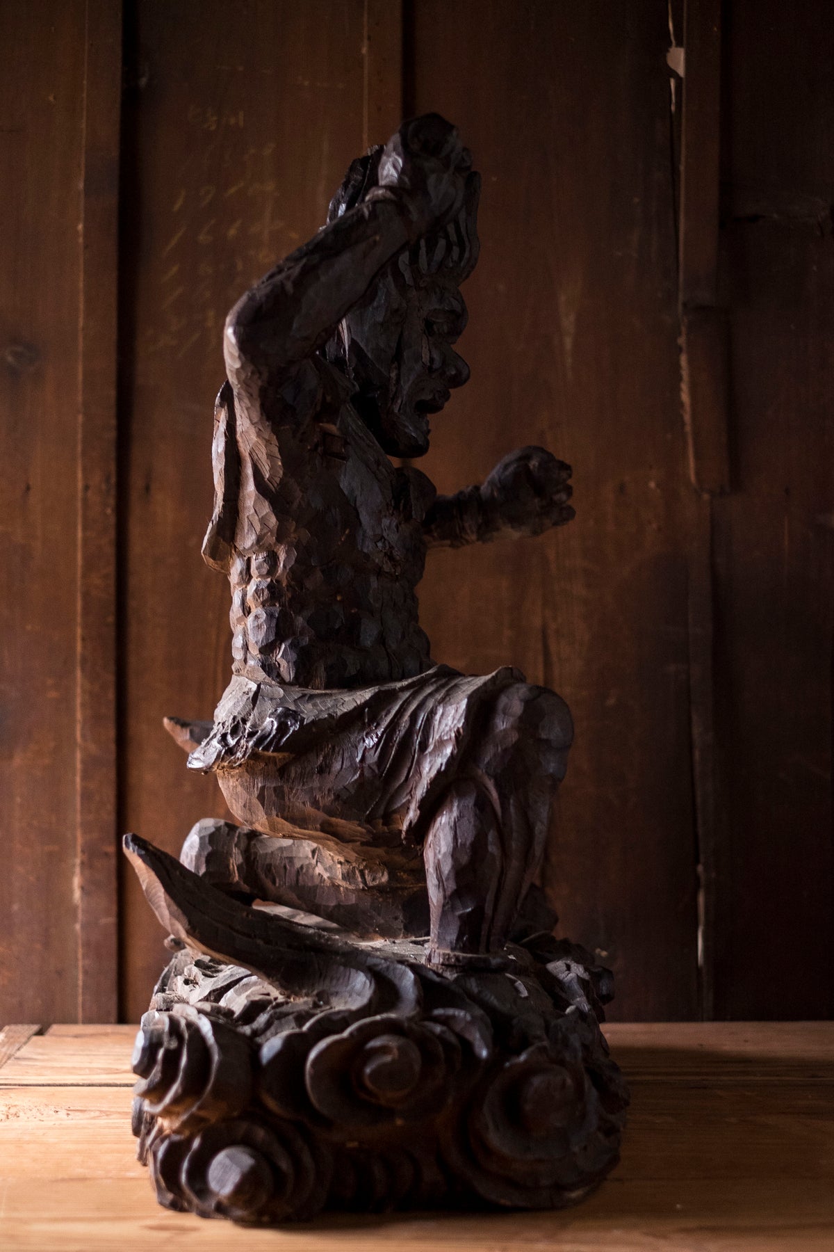 Large Massive Antique Japanese Wooden Fujin Raijin Buddha Statues | Wind & Thunder Gods | Large Hand-Carved Buddhist Temple Sculptures