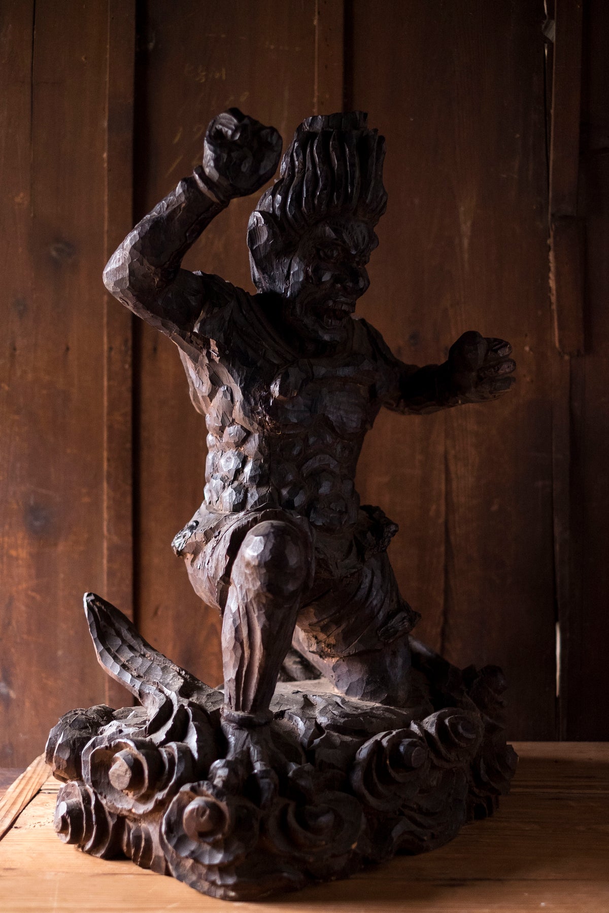 Large Massive Antique Japanese Wooden Fujin Raijin Buddha Statues | Wind & Thunder Gods | Large Hand-Carved Buddhist Temple Sculptures