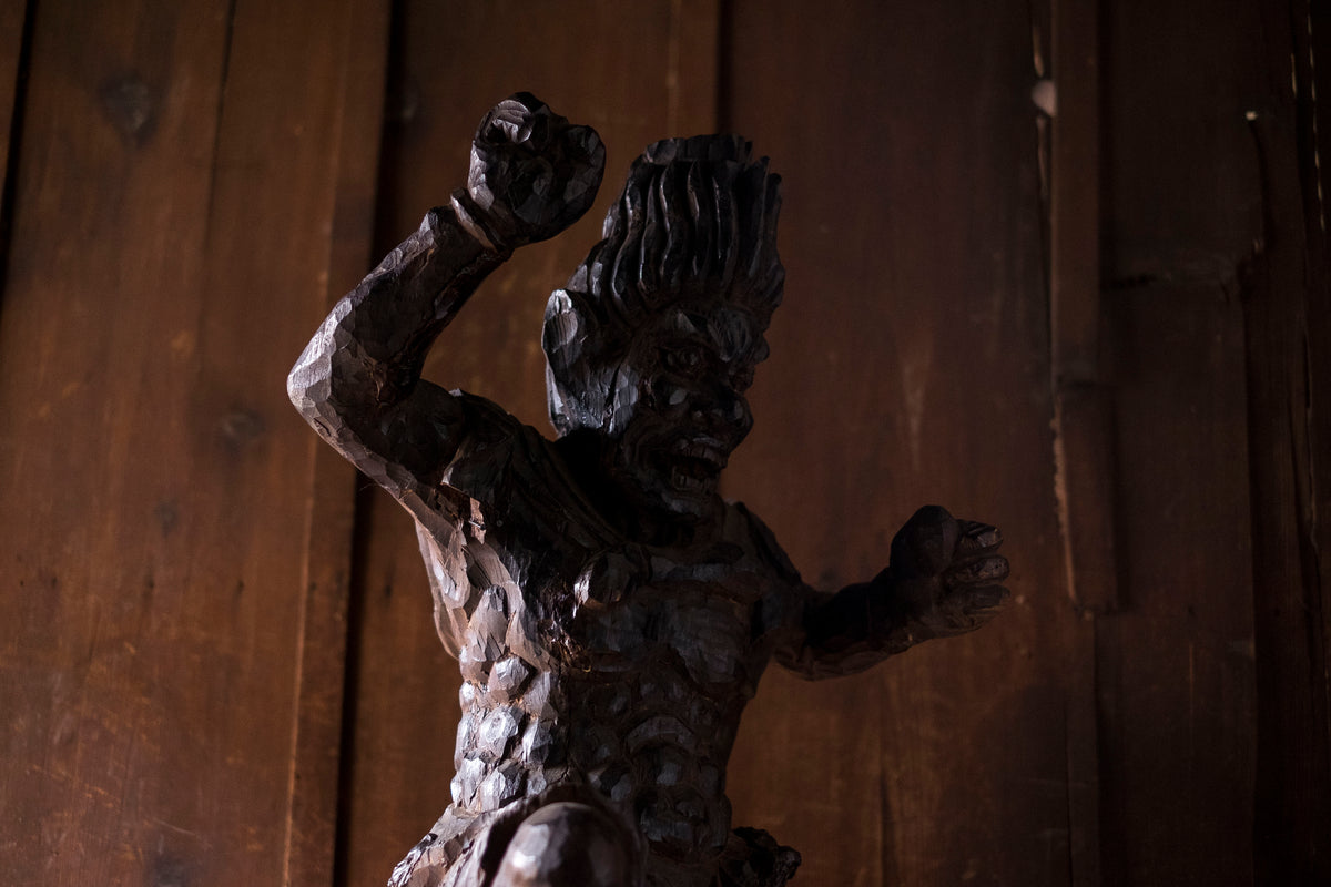Large Massive Antique Japanese Wooden Fujin Raijin Buddha Statues | Wind & Thunder Gods | Large Hand-Carved Buddhist Temple Sculptures