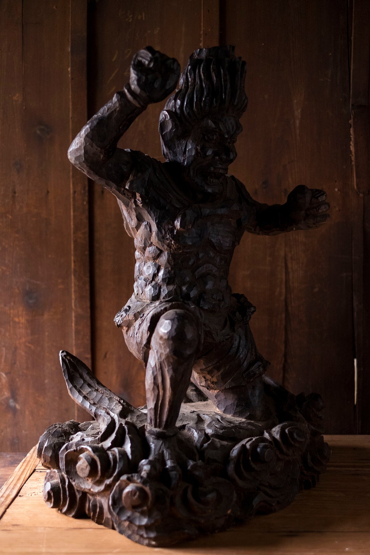 Large Massive Antique Japanese Wooden Fujin Raijin Buddha Statues | Wind & Thunder Gods | Large Hand-Carved Buddhist Temple Sculptures