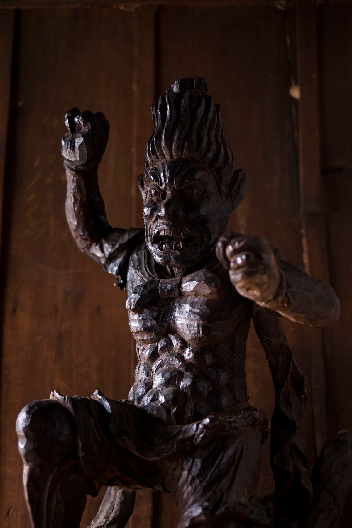 Large Massive Antique Japanese Wooden Fujin Raijin Buddha Statues | Wind & Thunder Gods | Large Hand-Carved Buddhist Temple Sculptures