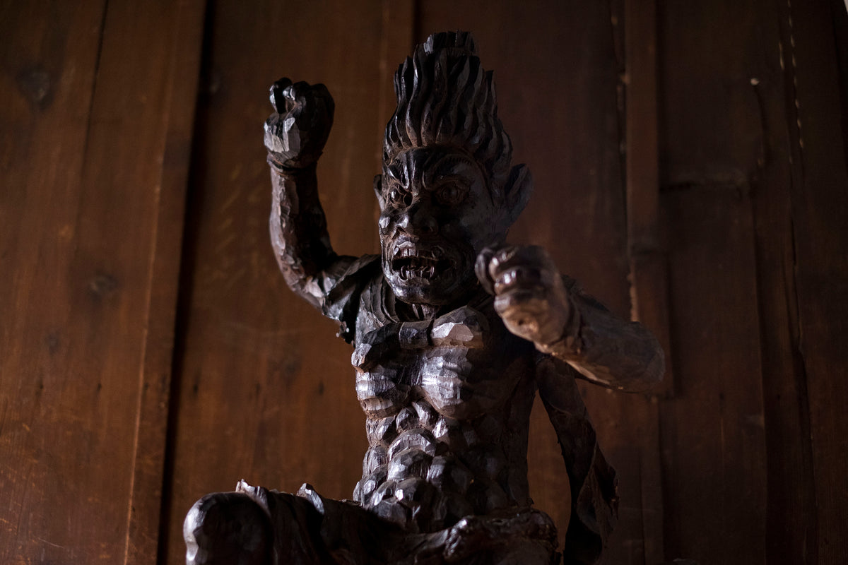Large Massive Antique Japanese Wooden Fujin Raijin Buddha Statues | Wind & Thunder Gods | Large Hand-Carved Buddhist Temple Sculptures