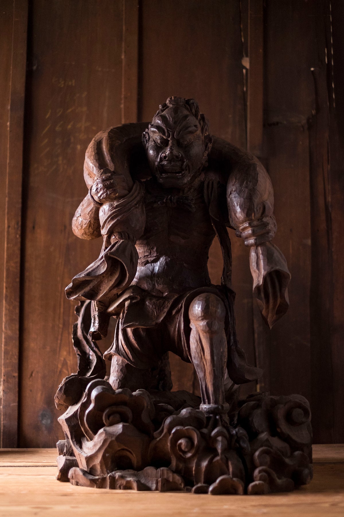 Large Massive Antique Japanese Wooden Fujin Raijin Buddha Statues | Wind & Thunder Gods | Large Hand-Carved Buddhist Temple Sculptures
