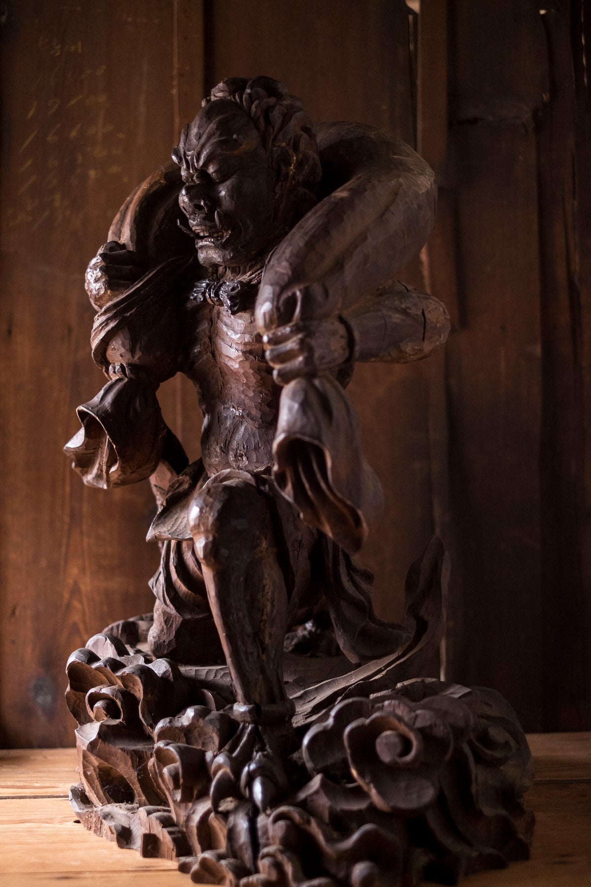 Large Massive Antique Japanese Wooden Fujin Raijin Buddha Statues | Wind & Thunder Gods | Large Hand-Carved Buddhist Temple Sculptures