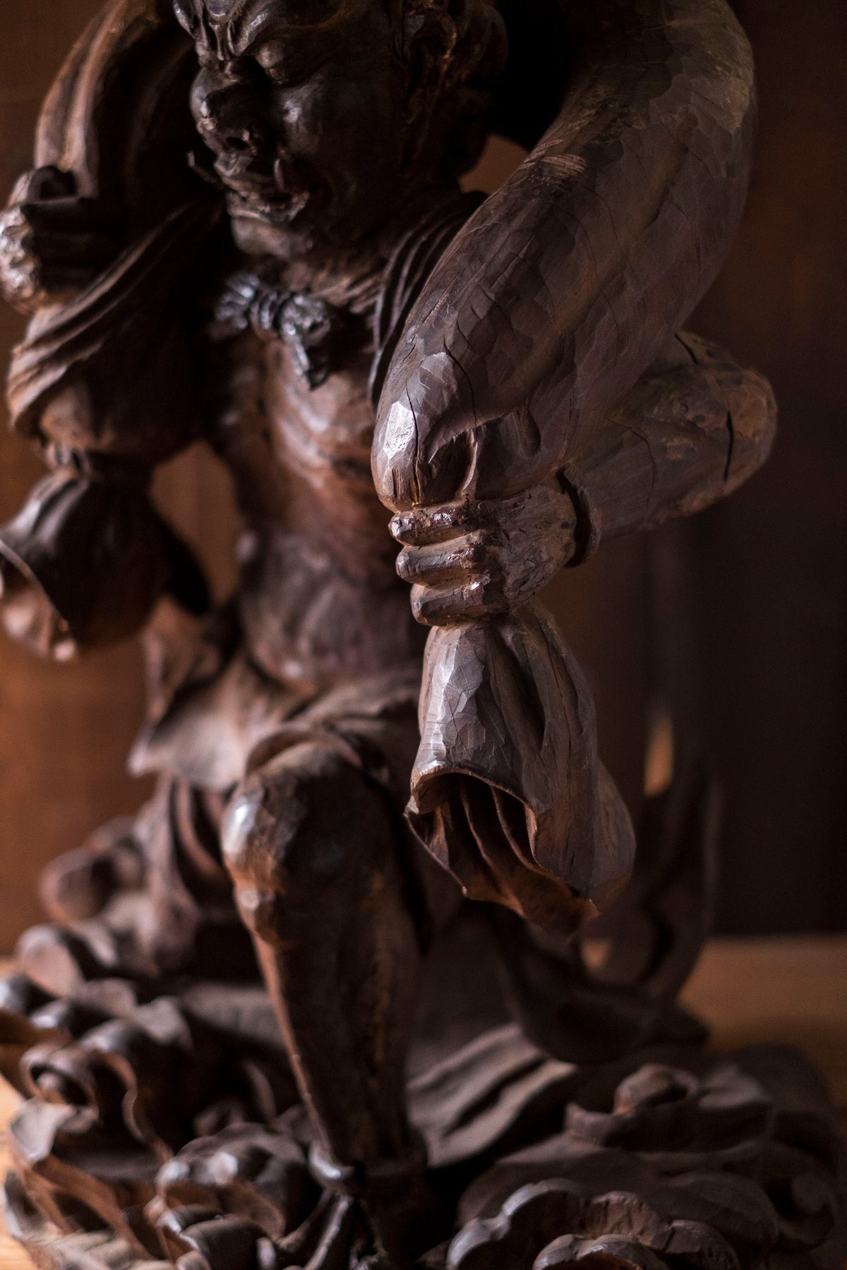 Large Massive Antique Japanese Wooden Fujin Raijin Buddha Statues | Wind & Thunder Gods | Large Hand-Carved Buddhist Temple Sculptures