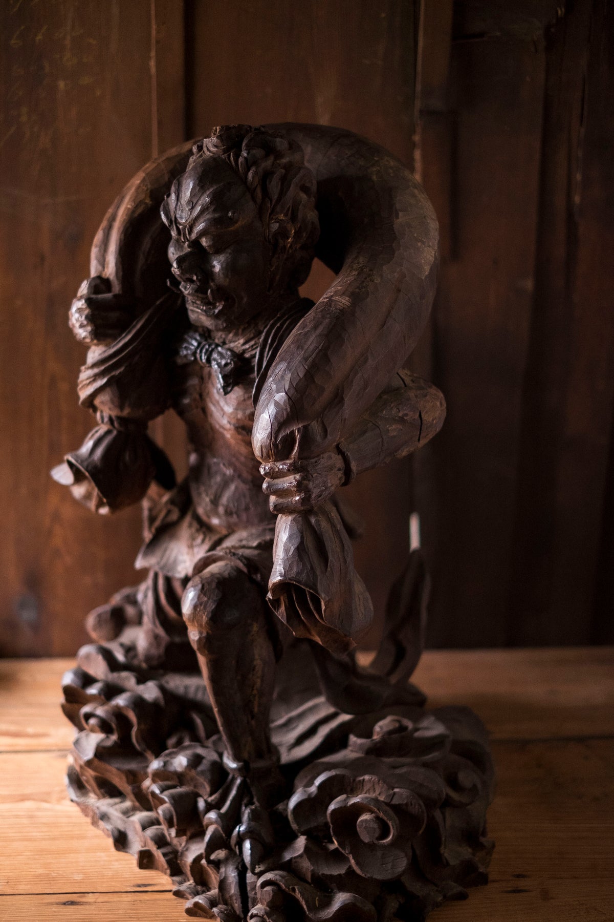Large Massive Antique Japanese Wooden Fujin Raijin Buddha Statues | Wind & Thunder Gods | Large Hand-Carved Buddhist Temple Sculptures