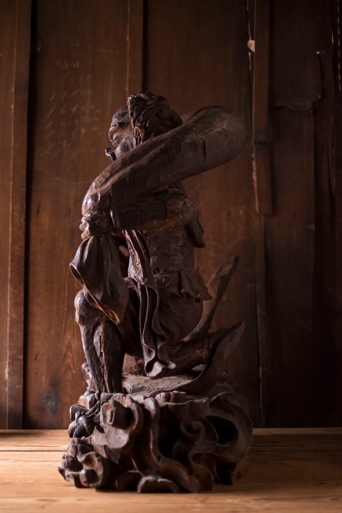 Large Massive Antique Japanese Wooden Fujin Raijin Buddha Statues | Wind & Thunder Gods | Large Hand-Carved Buddhist Temple Sculptures