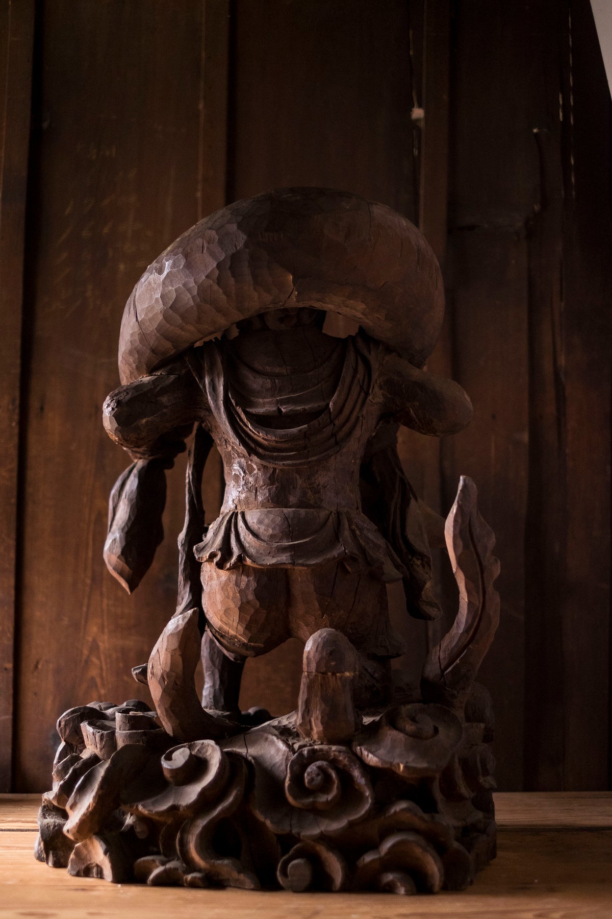 Large Massive Antique Japanese Wooden Fujin Raijin Buddha Statues | Wind & Thunder Gods | Large Hand-Carved Buddhist Temple Sculptures